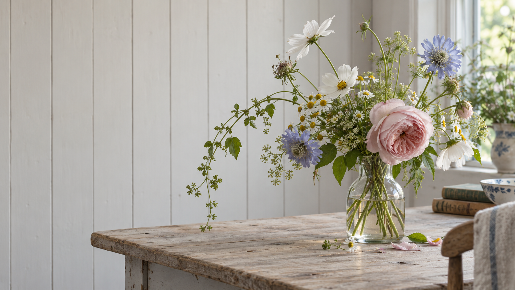 A loose garden-gathered bouquet of blush, white and pale blue flowers on an English cottage table